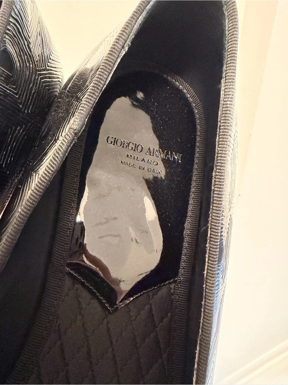 Giorgio Armani Black Patent Textured Slip-On Loafers